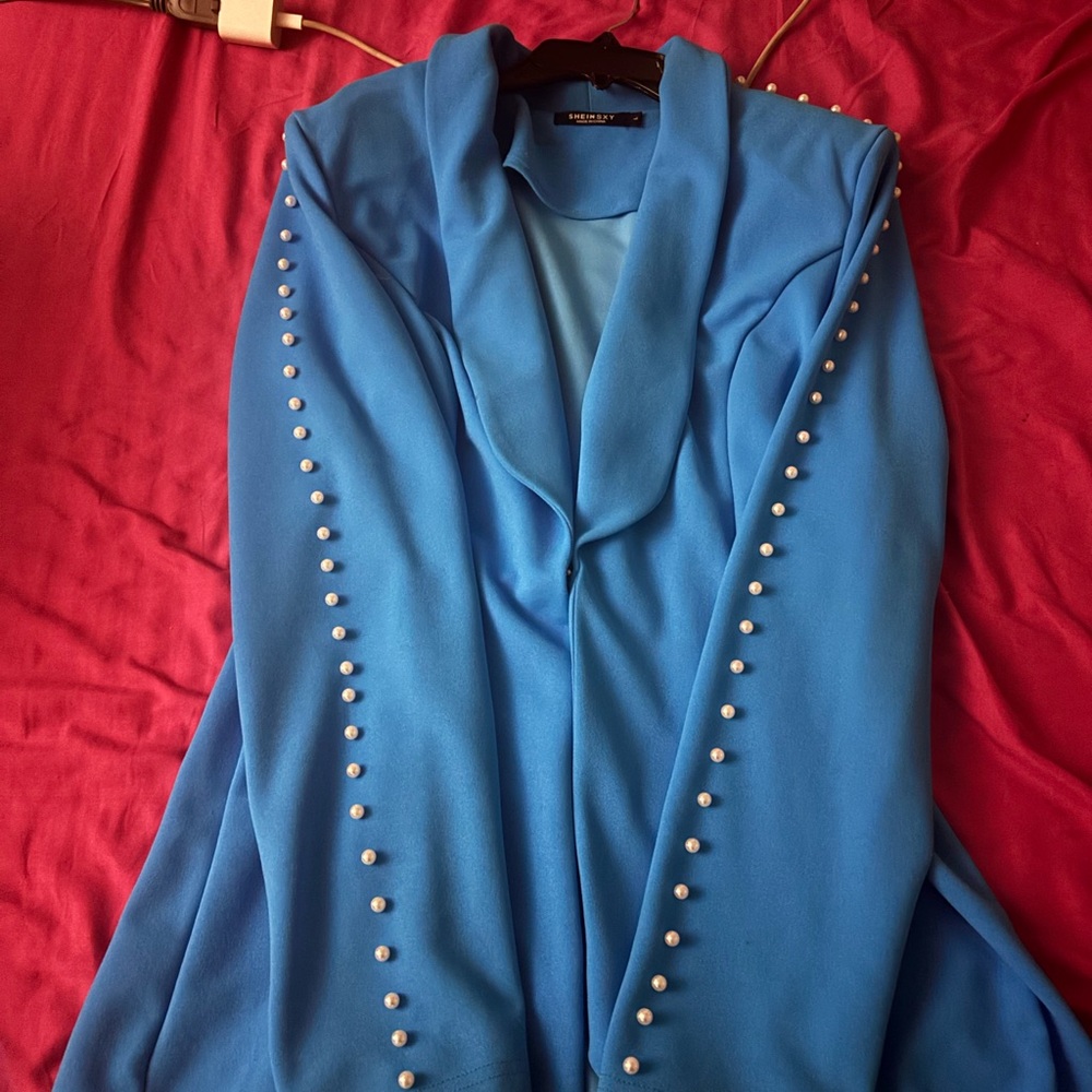 SHEIN Blue Blazer with Pearl Accents
